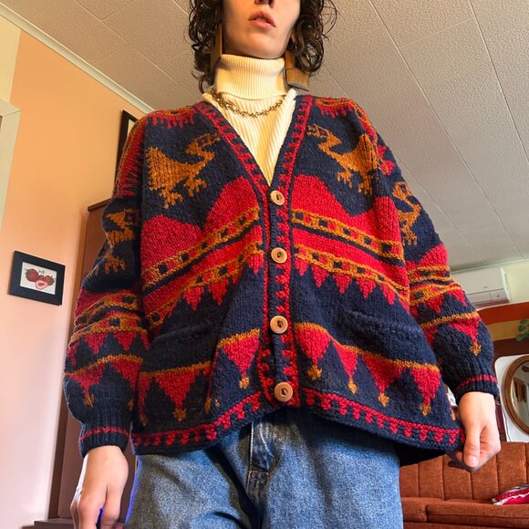 70s 80s 100% pure wool knitted red and blue cardigan - Toshy Made In Bolivia! - Picture 9 of 15